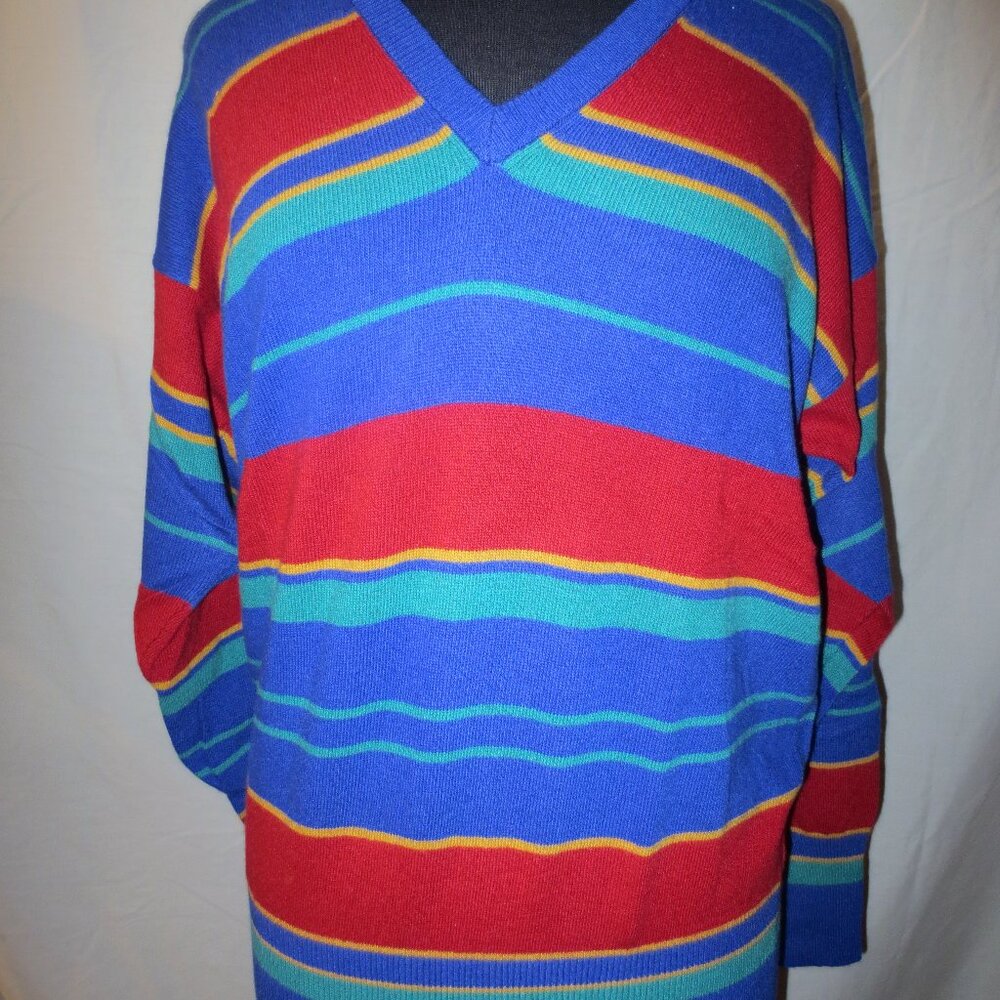 Vtg 1980's Bill Haire Women's 100% Cashmere Multi Color V Neck Sweater Large NWT